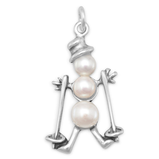Sterling Silver Cultured Freshwater Pearl Skiing Snowman Charm
