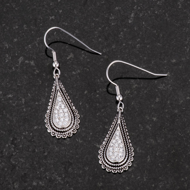 Precious Stars Silvertone Cubic Zirconia Teardrop Dangling Hook Earrings