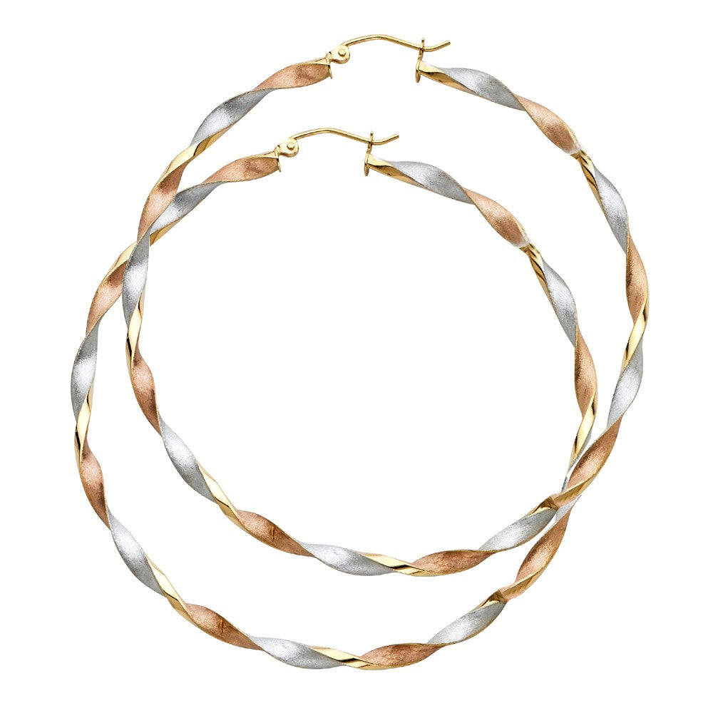 14k Tri-tone Gold Extra Large Twisted Hoop Earrings (65-mm)