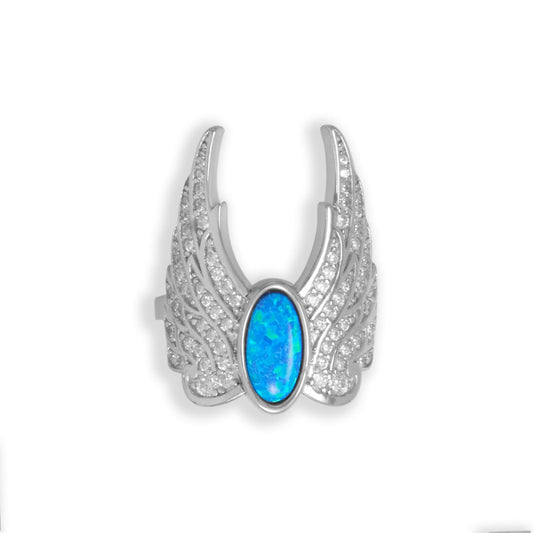 Sterling Silver Synthetic Blue Opal and Cubic Zirconia Wings Ring