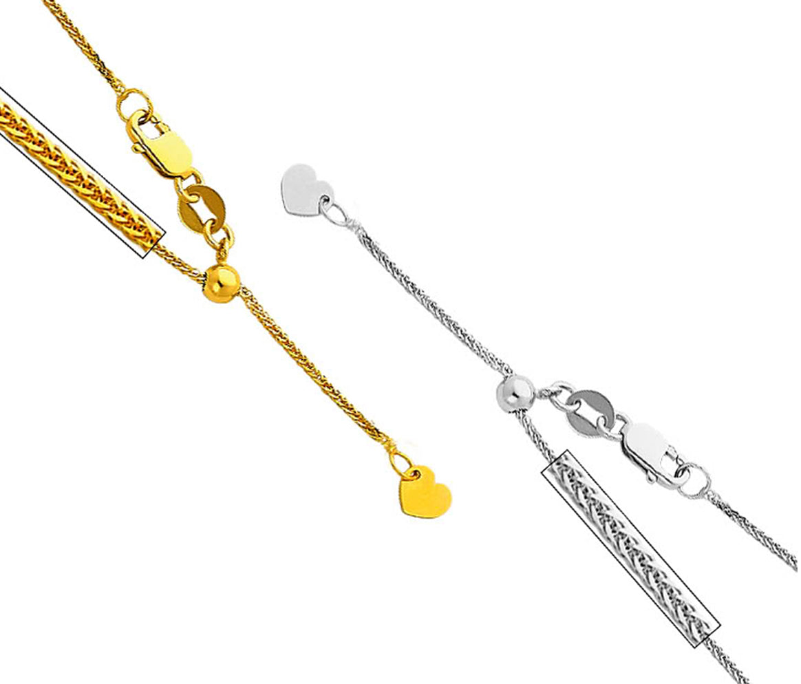 14k Yellow or White Gold 0.7mm Adjustable Wheat Chain Necklace