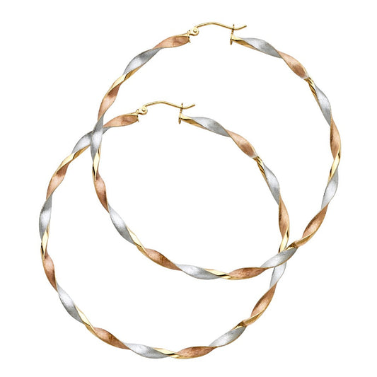 14k Tri-tone Gold Large Twisted Hoop Earrings (55-mm)