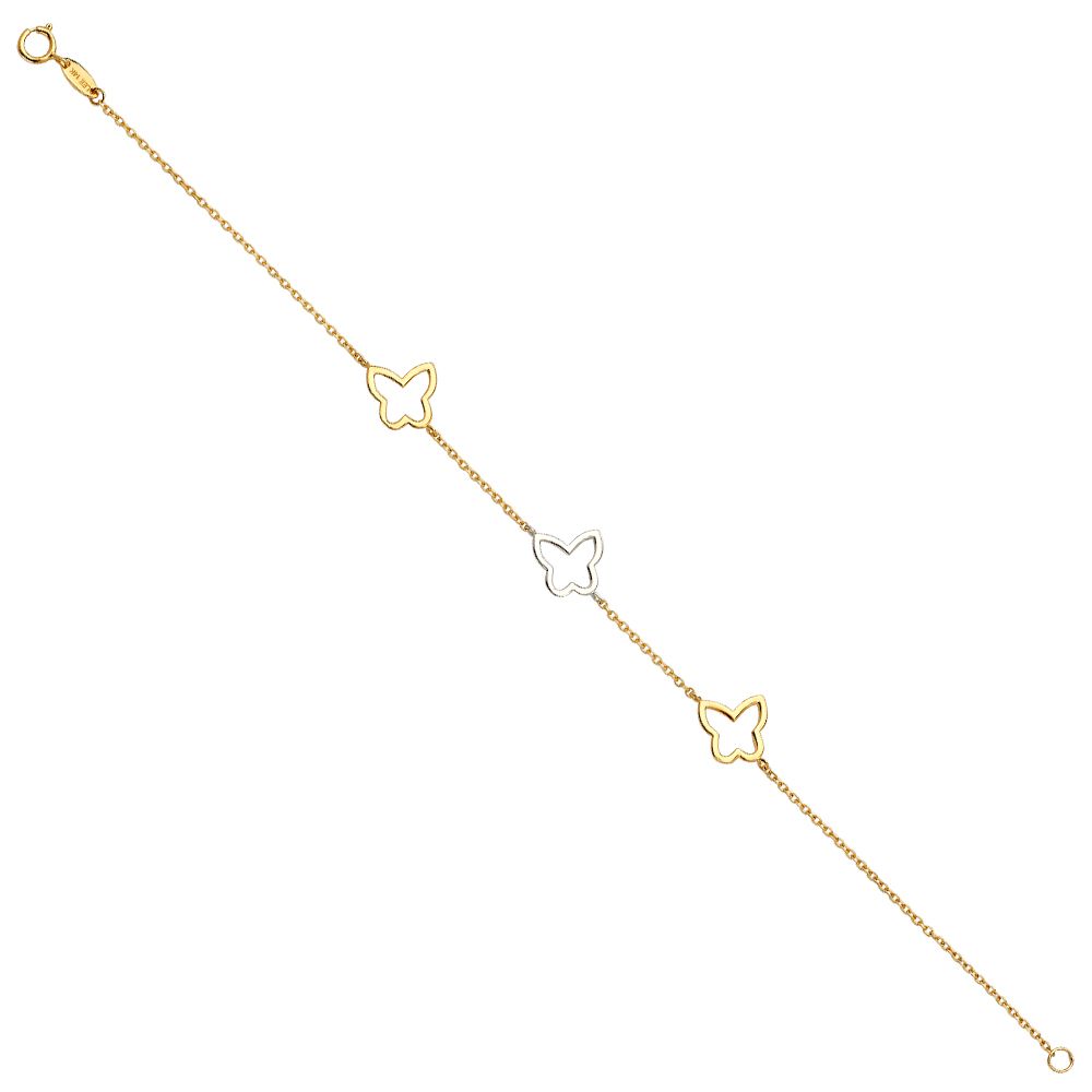 14K Tri-Tone Gold Butterfly Charm Chain 7"+1" Ladies Bracelet
