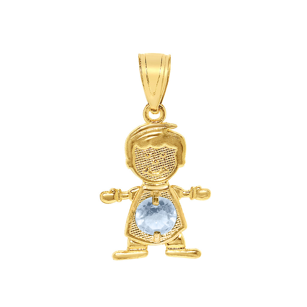 14k Yellow Gold Round-cut Cubic Zirconia March Birthstone Boy/Son Pendant with Square Wheat Chain