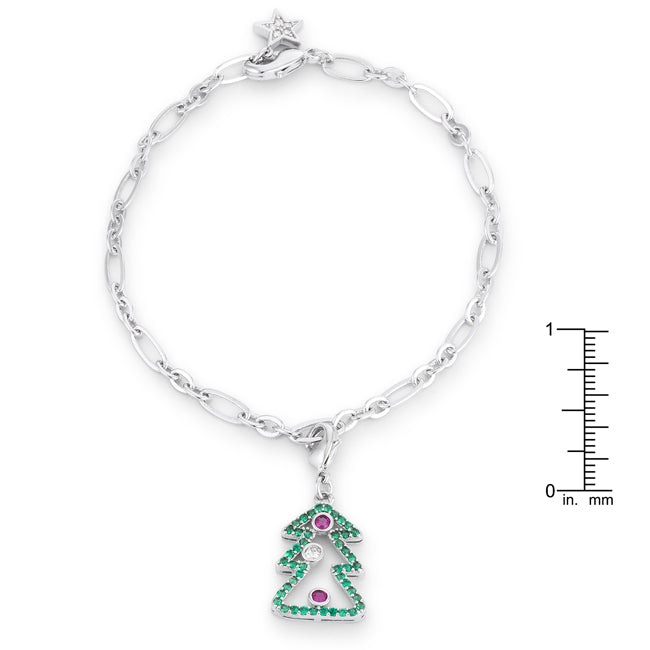 Precious Stars Silvertone Christmas Tree 0.35ct CZ Holiday Charm Bracelet