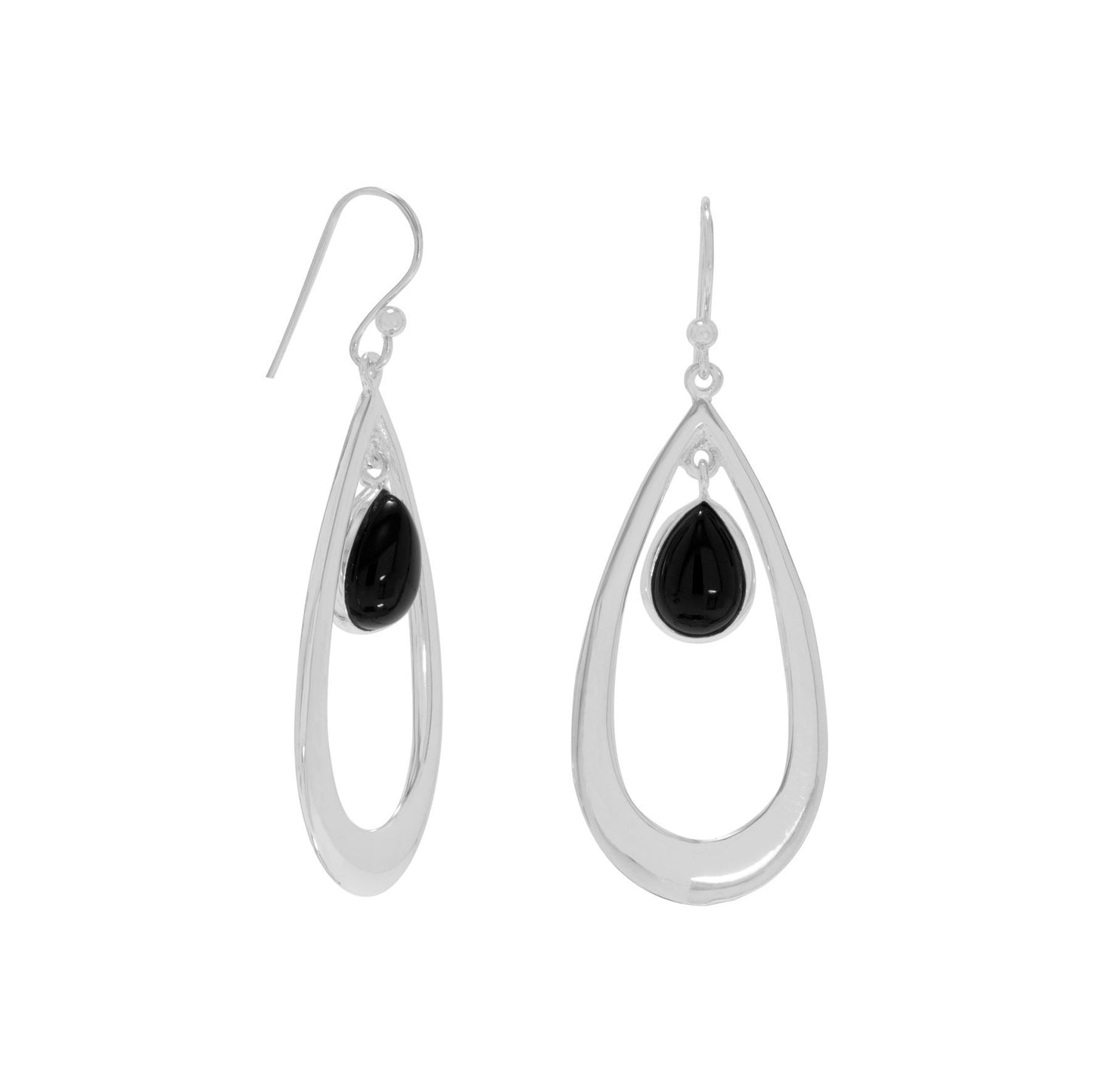 Sterling Silver Black Onyx Drop French Wire Earrings