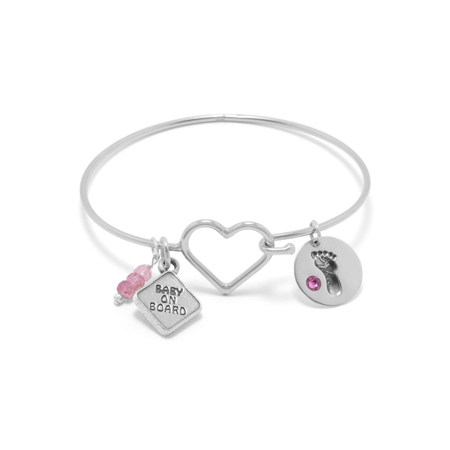 Sterling Silver Footprint Bracelet Charm with Pink Crystal