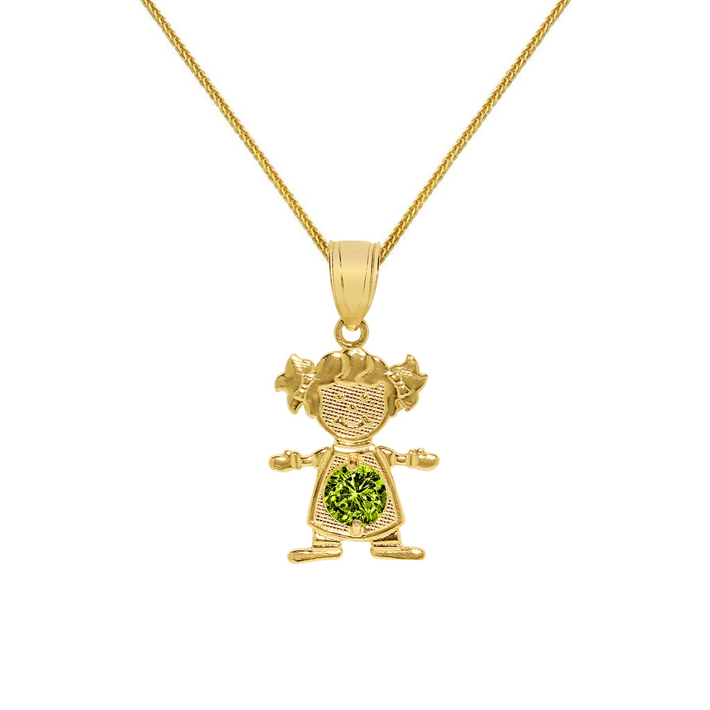 14k Yellow Gold Round-cut Cubic Zirconia August Birthstone Girl/Daughter Pendant with Square Wheat Chain