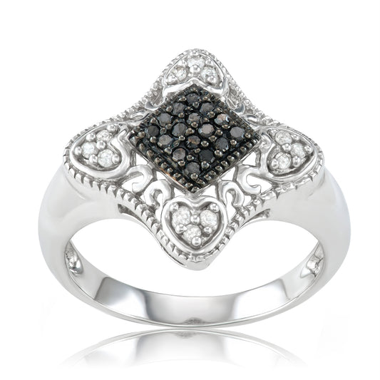 Sterling Silver 0.20ct TDW Black and White Diamond Filigree Ring