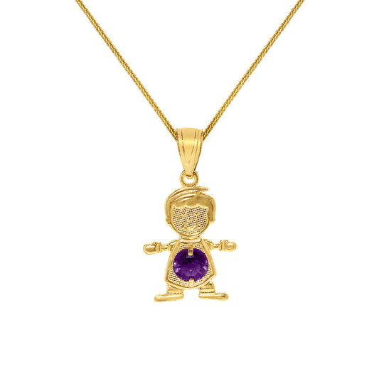 14k Yellow Gold Round-cut Cubic Zirconia February Birthstone Boy/Son Pendant with Square Wheat Chain