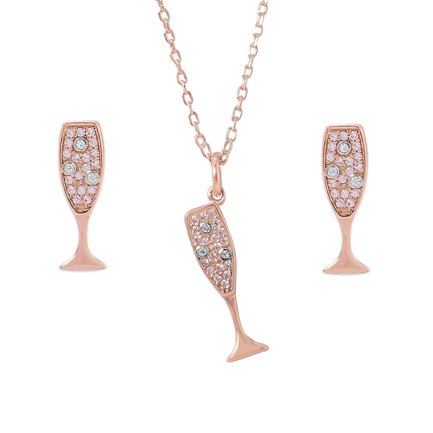 14k Gold-Plated Sterling Silver Cubic Zirconia Champagne Glass Earring and Necklace Set