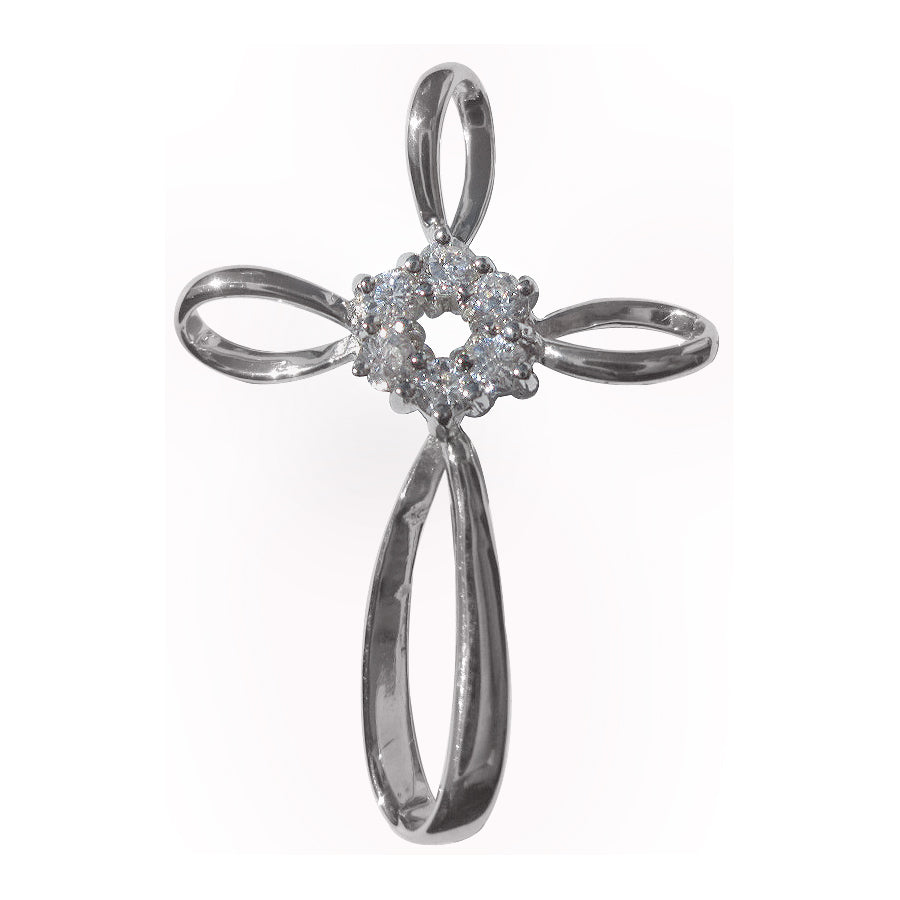 Sterling Silver Floral Cubic Zirconia Twisted Cross Charm Pendant