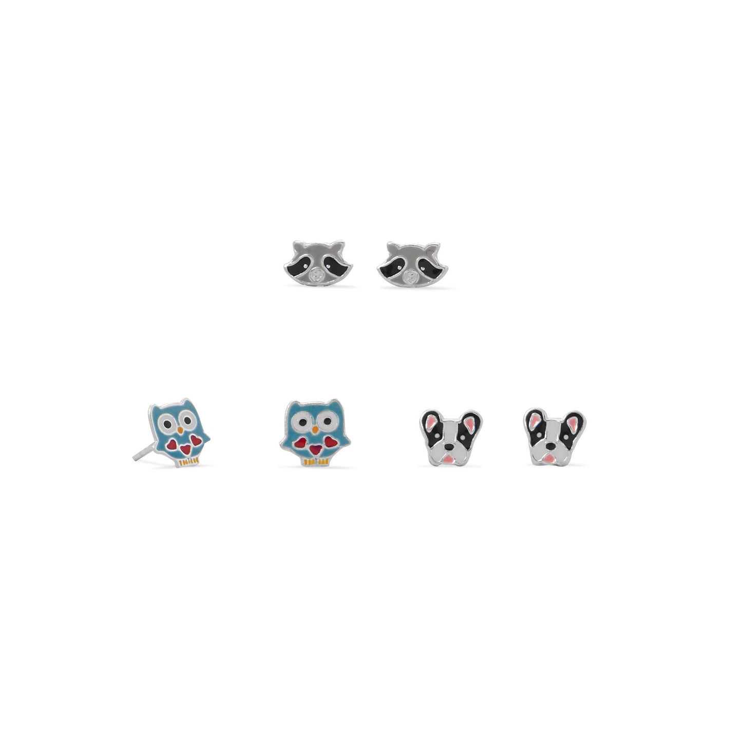 Sterling Silver Owl, Raccoon and Dog Earring Set