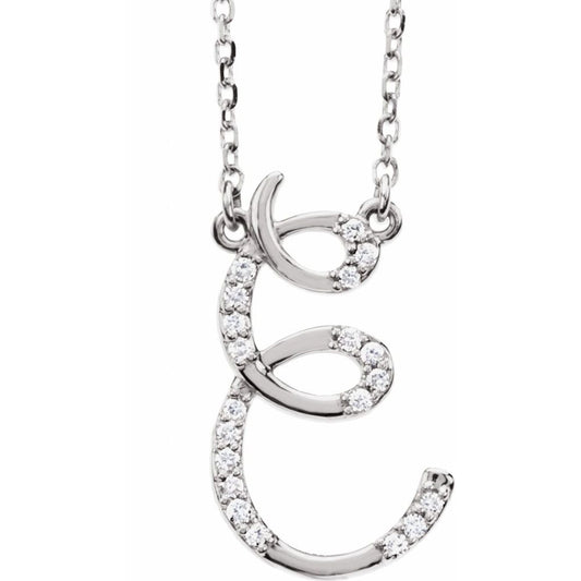 14K White Gold 1/10CTW White Diamond E Pendant Necklace