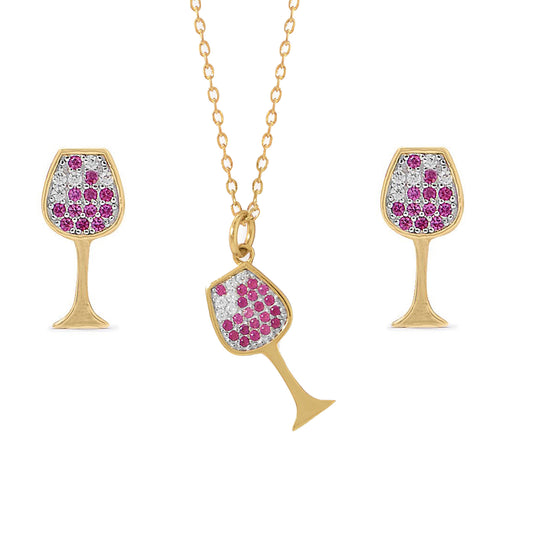 14k Gold-Plated Sterling Silver Cubic Zirconia Wine Glass Earring and Necklace Set