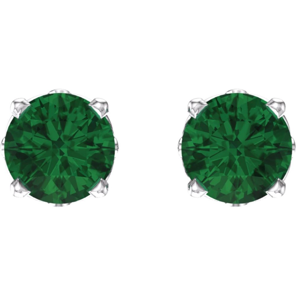 14k White Gold Lab-Grown Emerald 4-Prong Scroll Setting Stud Earrings