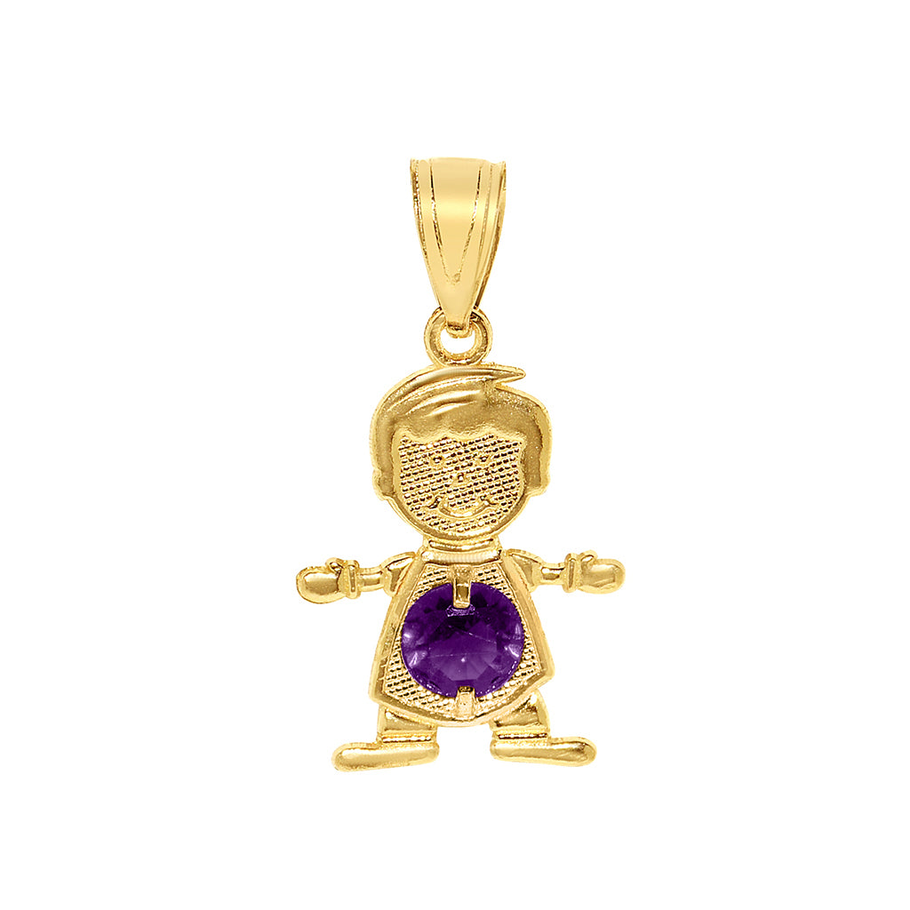 14k Yellow Gold Round-cut Cubic Zirconia February Birthstone Boy/Son Pendant with Square Wheat Chain