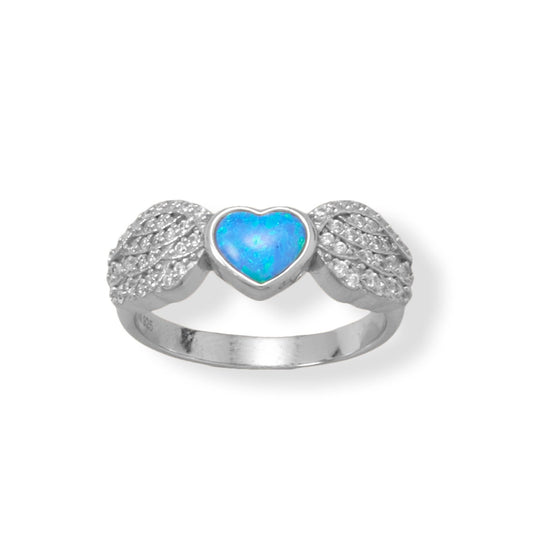 Sterling Silver Blue Opal Heart and Cubic Zirconia Wing Ring