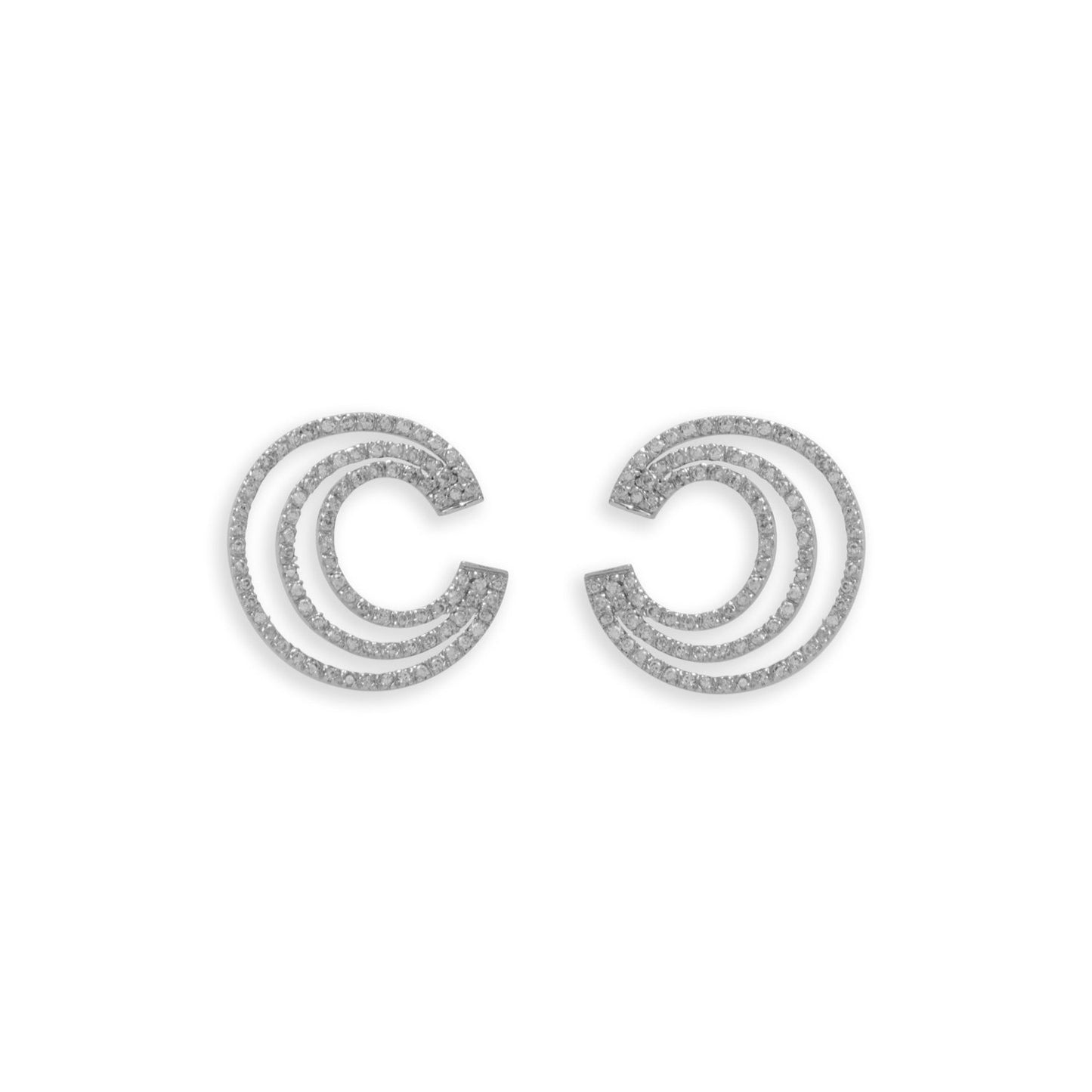 Rhodium Plated Sterling Silver Triple"C" Cubic Zirconia Post Earrings