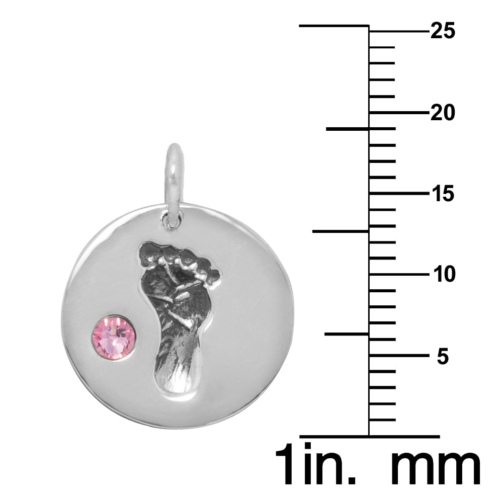 Sterling Silver Pink Crystal Baby Footprint and Heart Charm Necklace