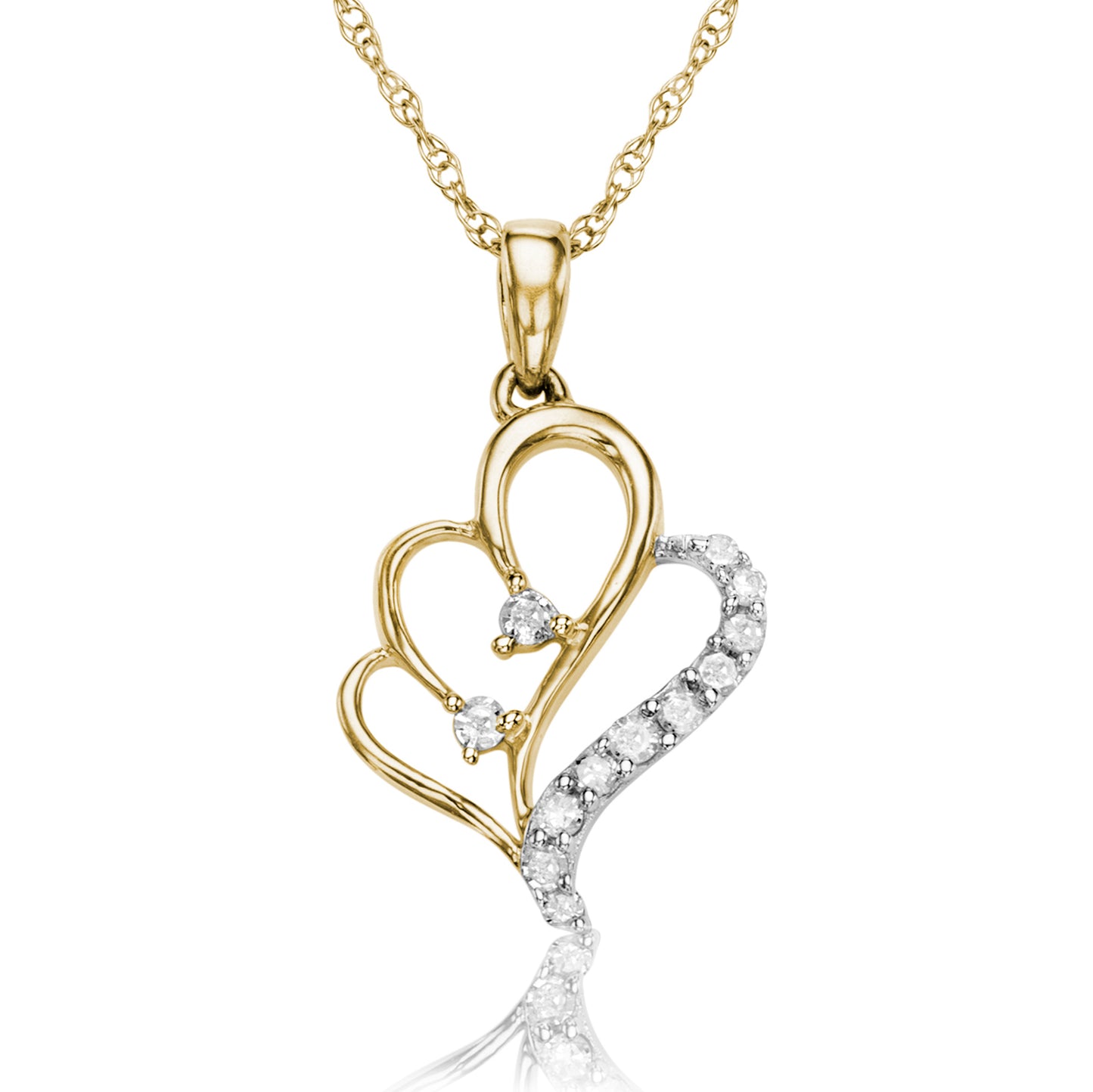 10k Two-Tone Gold 0.10 ct TDW White Diamond Scalloped Double Heart Necklace