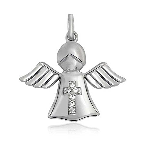 Sterling Silver Guardian Angel w/Wings Pave CZ Cross Christian Pendant