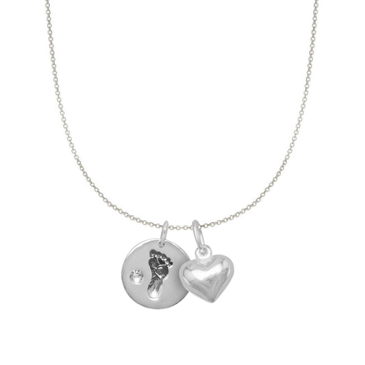 Sterling Silver Clear Crystal Baby Footprint and Heart Charm Necklace