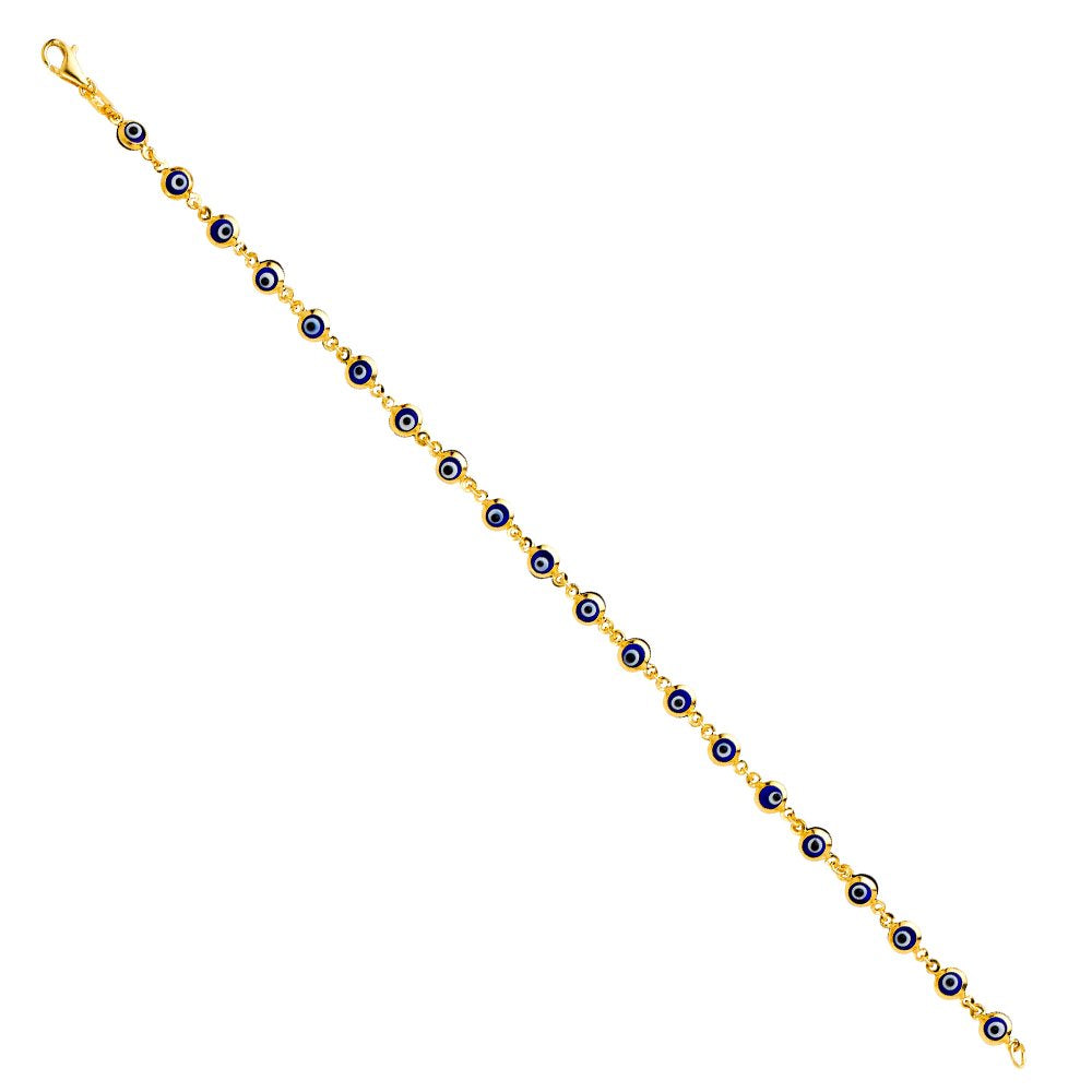 14k Yellow Gold 4mm Blue Enamel Evil Eye 7-inch Bracelet
