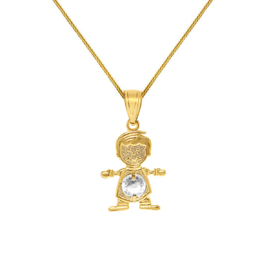 14k Yellow Gold Round-cut Cubic Zirconia April Birthstone Boy/Son Pendant with Square Wheat Chain