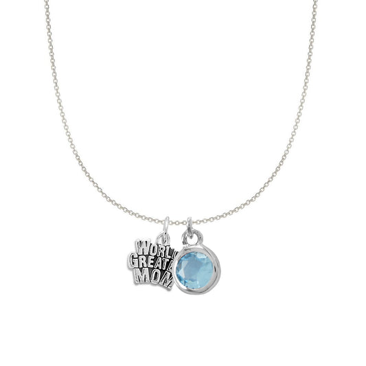 Sterling Silver World's Greatest Mom and March Birsthstone Charm Necklace