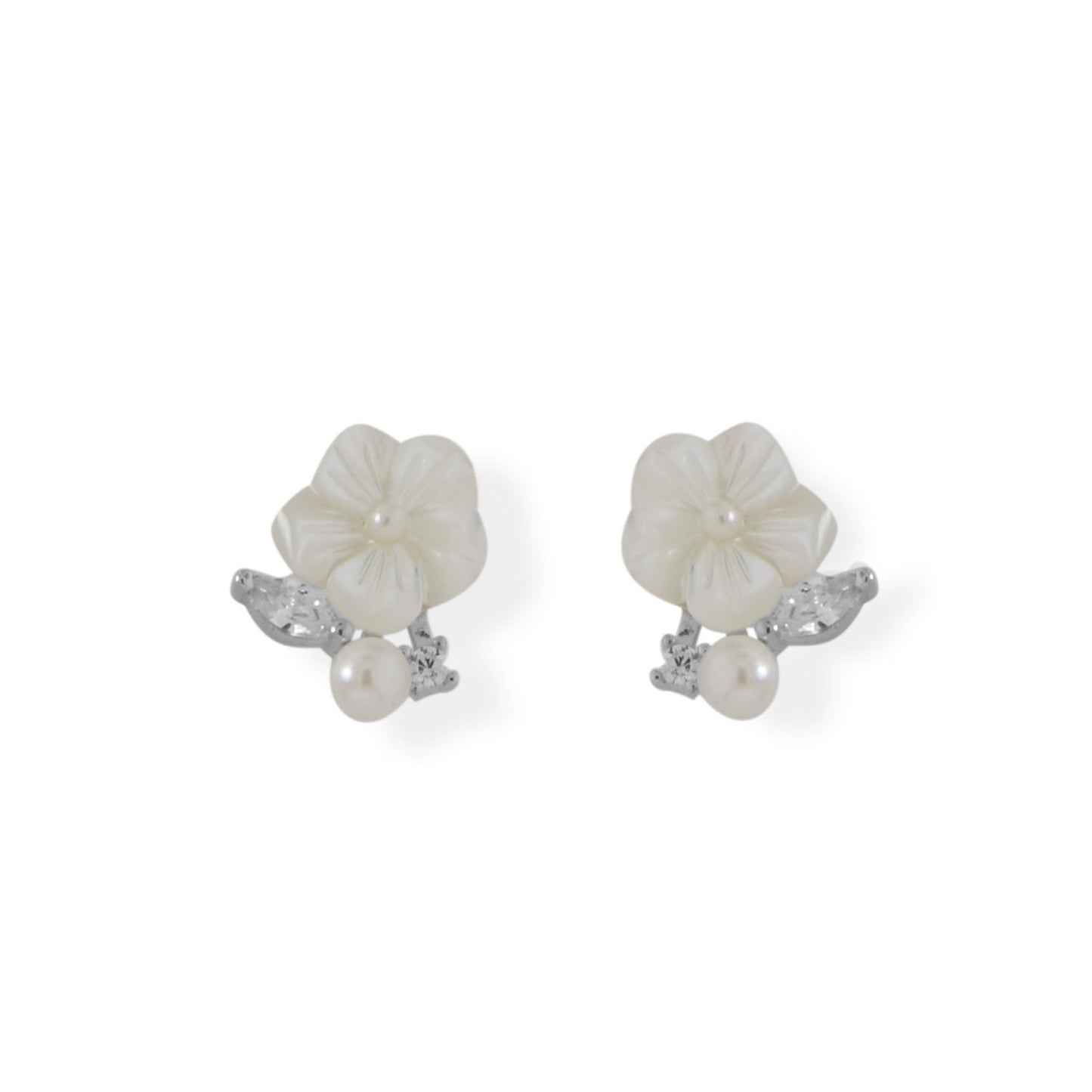 Rhodium Plated Sterling Silver Mother of Pearl and Cubic Zirconia Flower Earrings