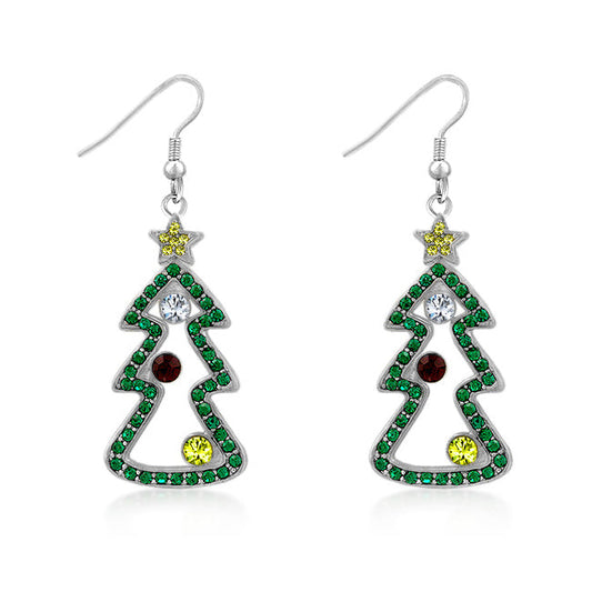 Precious Stars Silvertone Multicolor Cubic Zirconia Christmas Tree Earrings