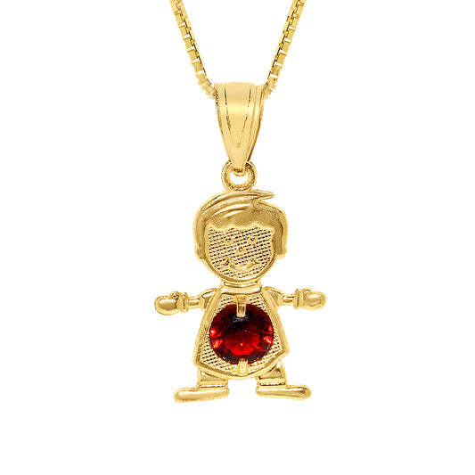 14k Yellow Gold Round-cut Cubic Zirconia January Birthstone Boy/Son Pendant with Square Wheat Chain