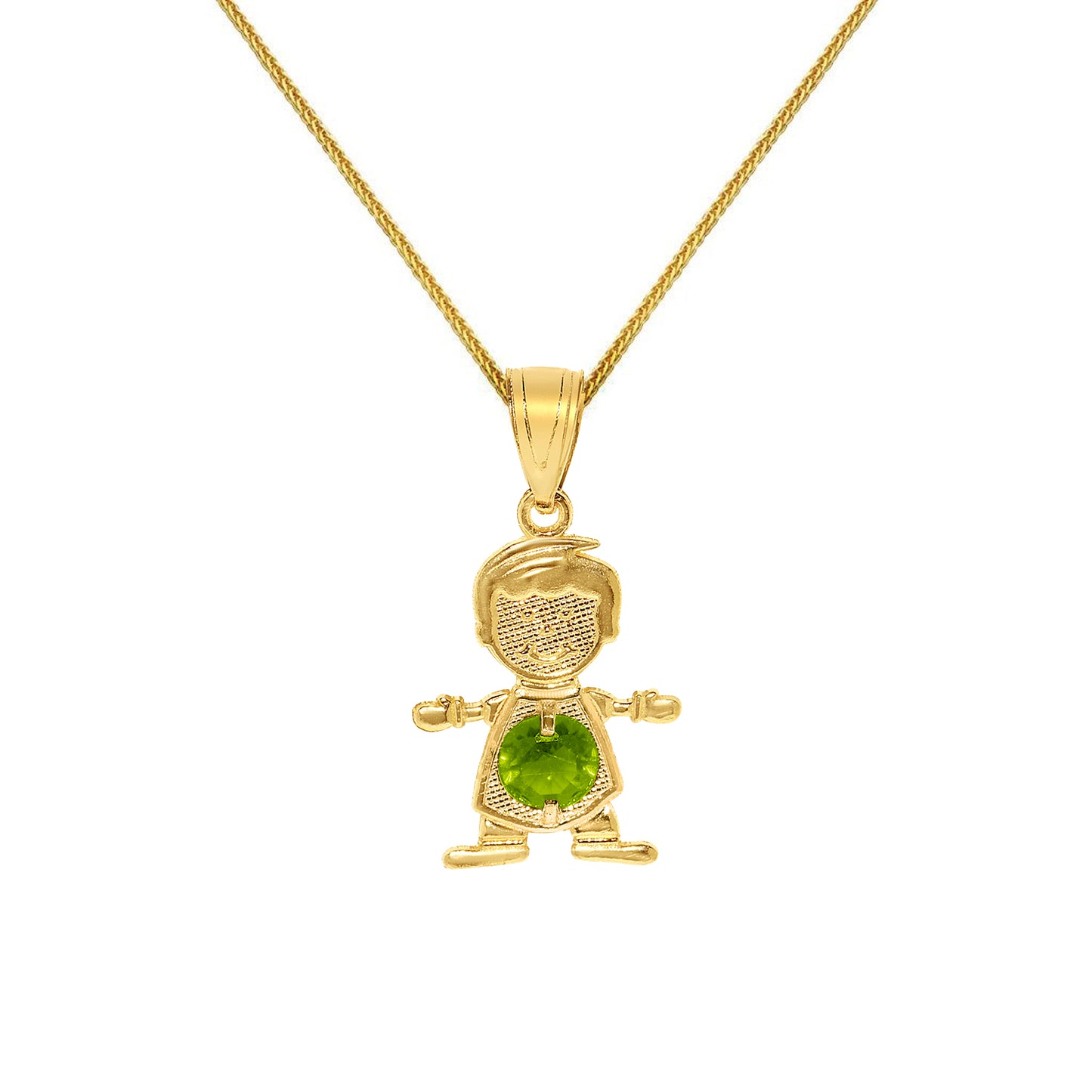 14k Yellow Gold Round-cut Cubic Zirconia August Birthstone Boy/Son Pendant with Square Wheat Chain
