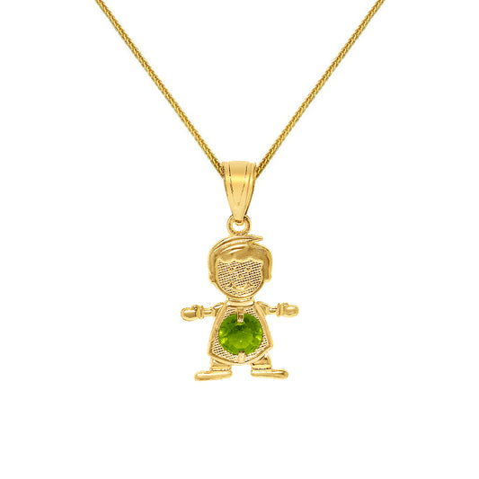 14k Yellow Gold Round-cut Cubic Zirconia August Birthstone Boy/Son Pendant with Square Wheat Chain