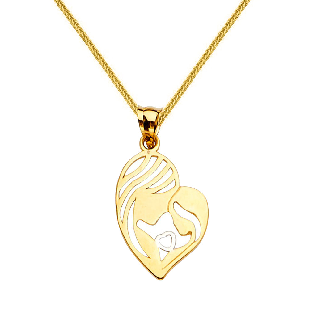 14k Yellow Gold Heart Shaped Mother and Child Pendant with Square Wheat Chain