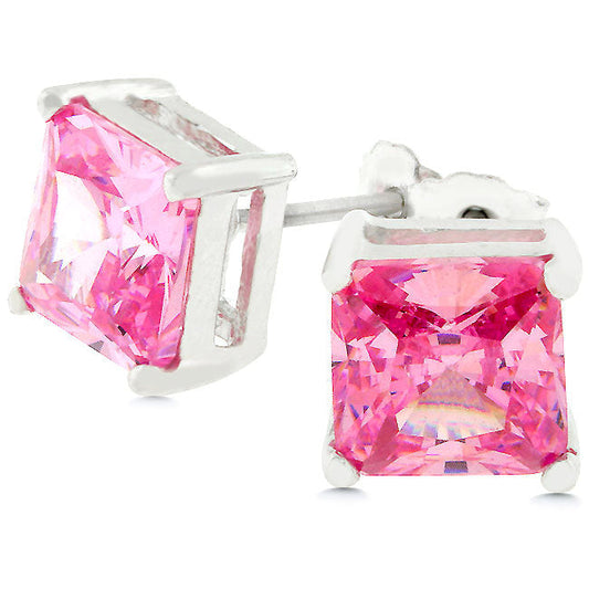 Precious Stars Sterling Silver 7 mm Princess-Cut Pink Cubic Zirconia Earrings