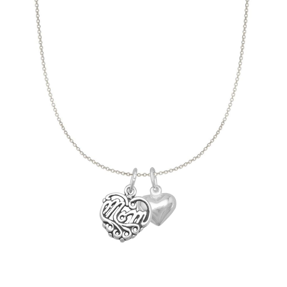 Sterling Silver Filigree Heart-shaped Mom and Heart Charm Necklace