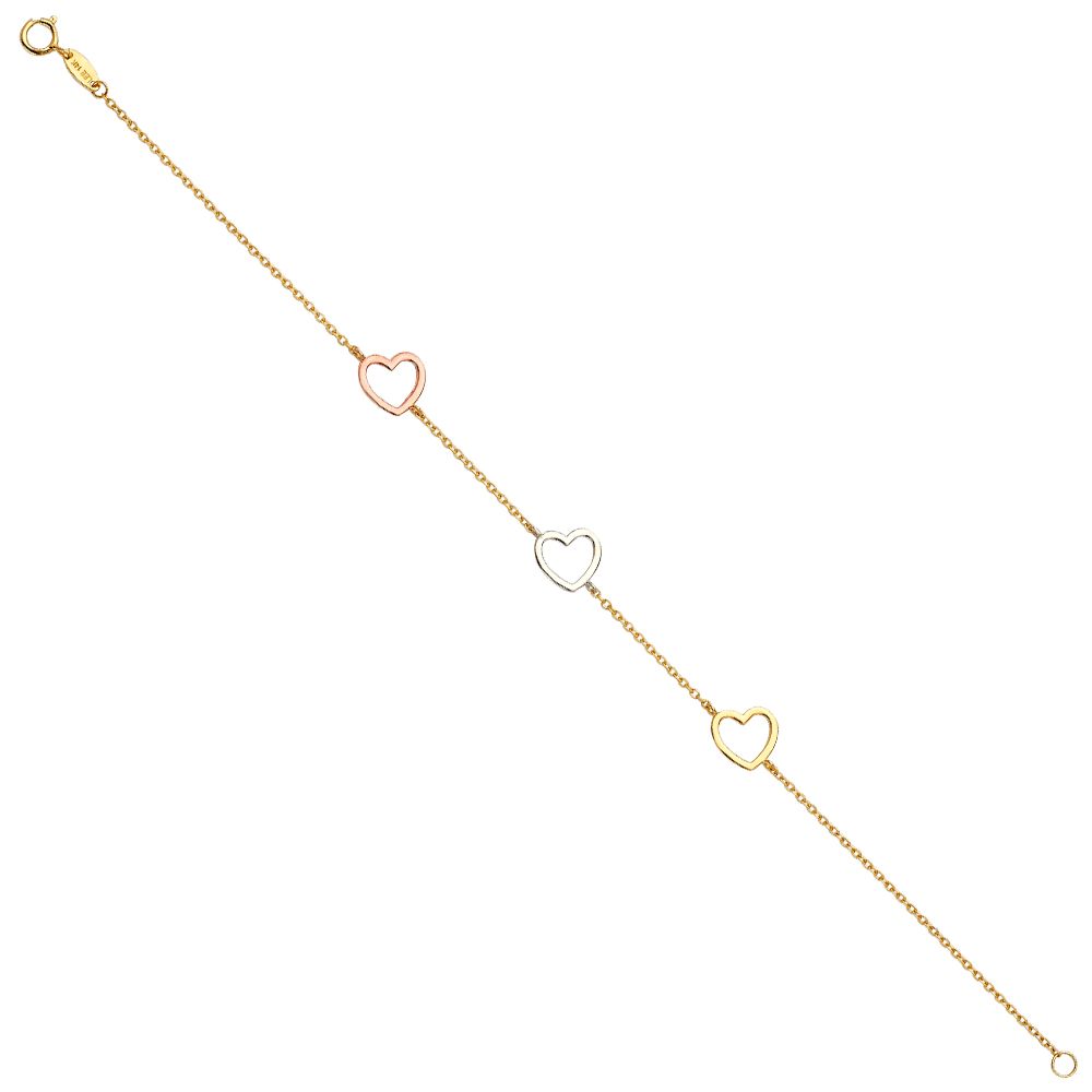 14K Tri-Tone Gold Open-Heart Charm Chain 7"+1" Ladies Bracelet
