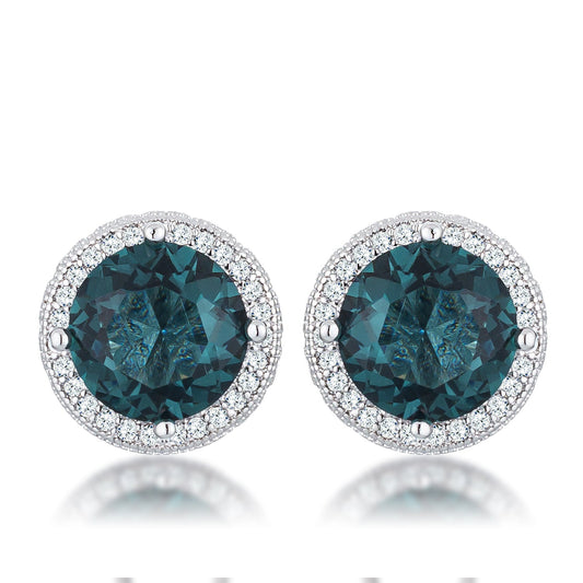 Precious Stars Silvertone Round Blue-Green Cubic Zirconia Halo Earring Studs