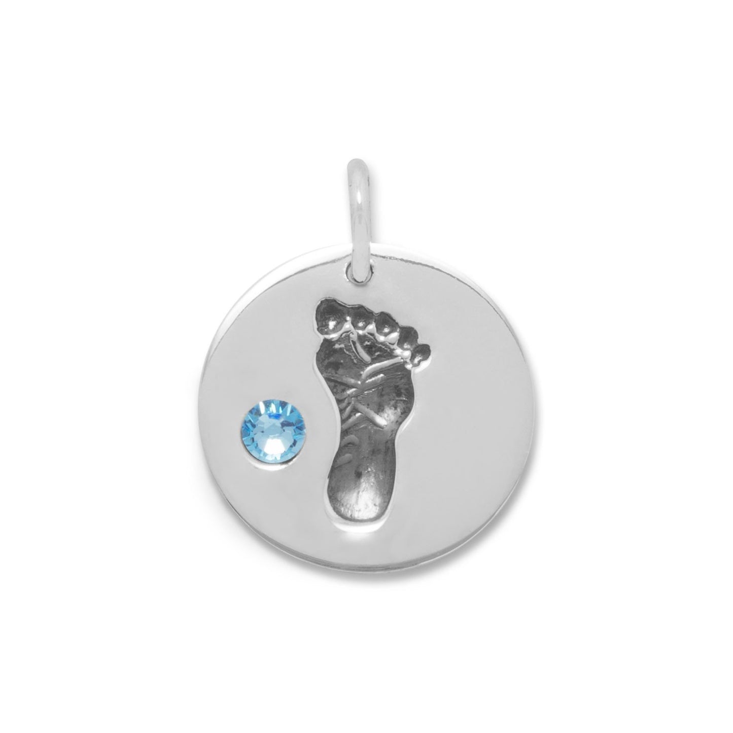 Sterling Silver Footprint Bracelet Charm with Blue Crystal