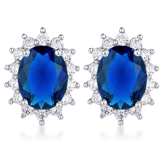 Precious Stars Silvertone Deep Blue Cubic Zirconia Oval Royal Earring Studs