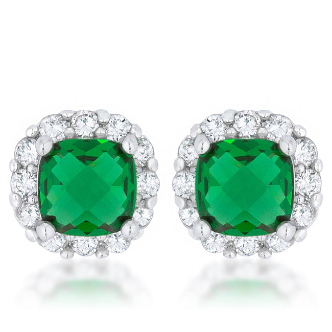 Precious Stars Silvertone Square Green Cubic Zirconia Halo Stud Earrings