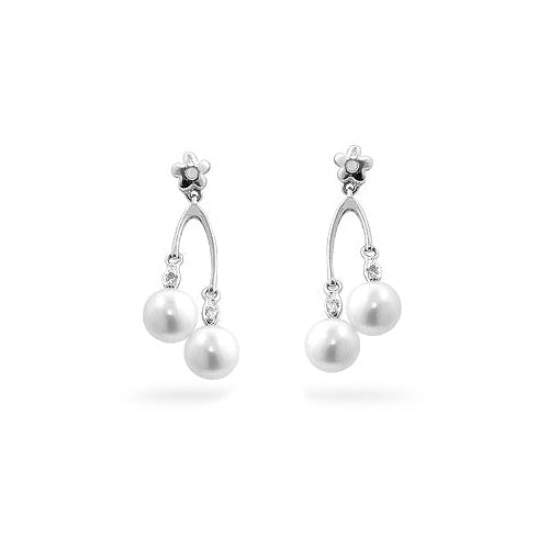 Precious Stars Silvertone Pearl Flower Drop Earrings