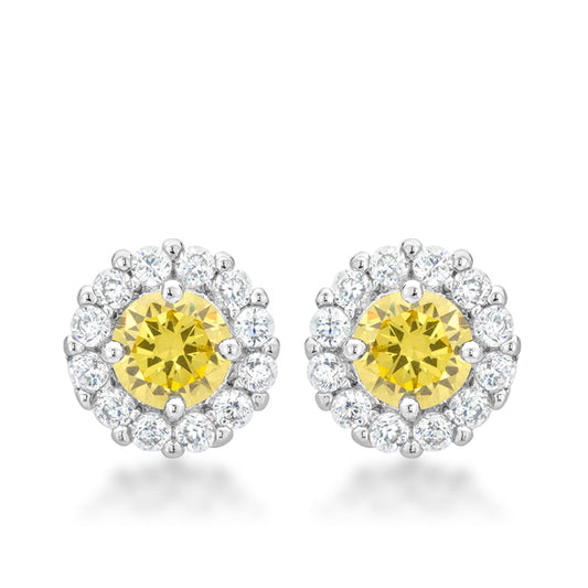Precious Stars Silvertone Yellow Cubic Zirconia Halo Stud Earrings