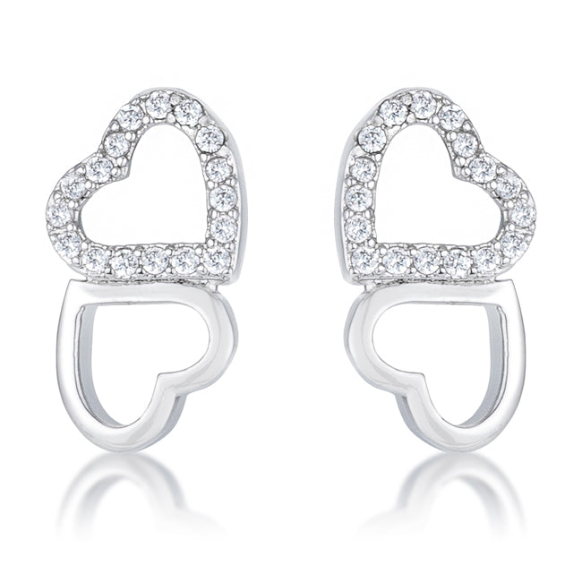 Precious Stars Silvertone Cubic Zirconia Double Heart Earring Studs