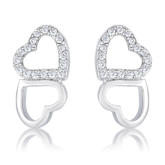 Precious Stars Silvertone Cubic Zirconia Double Heart Earring Studs