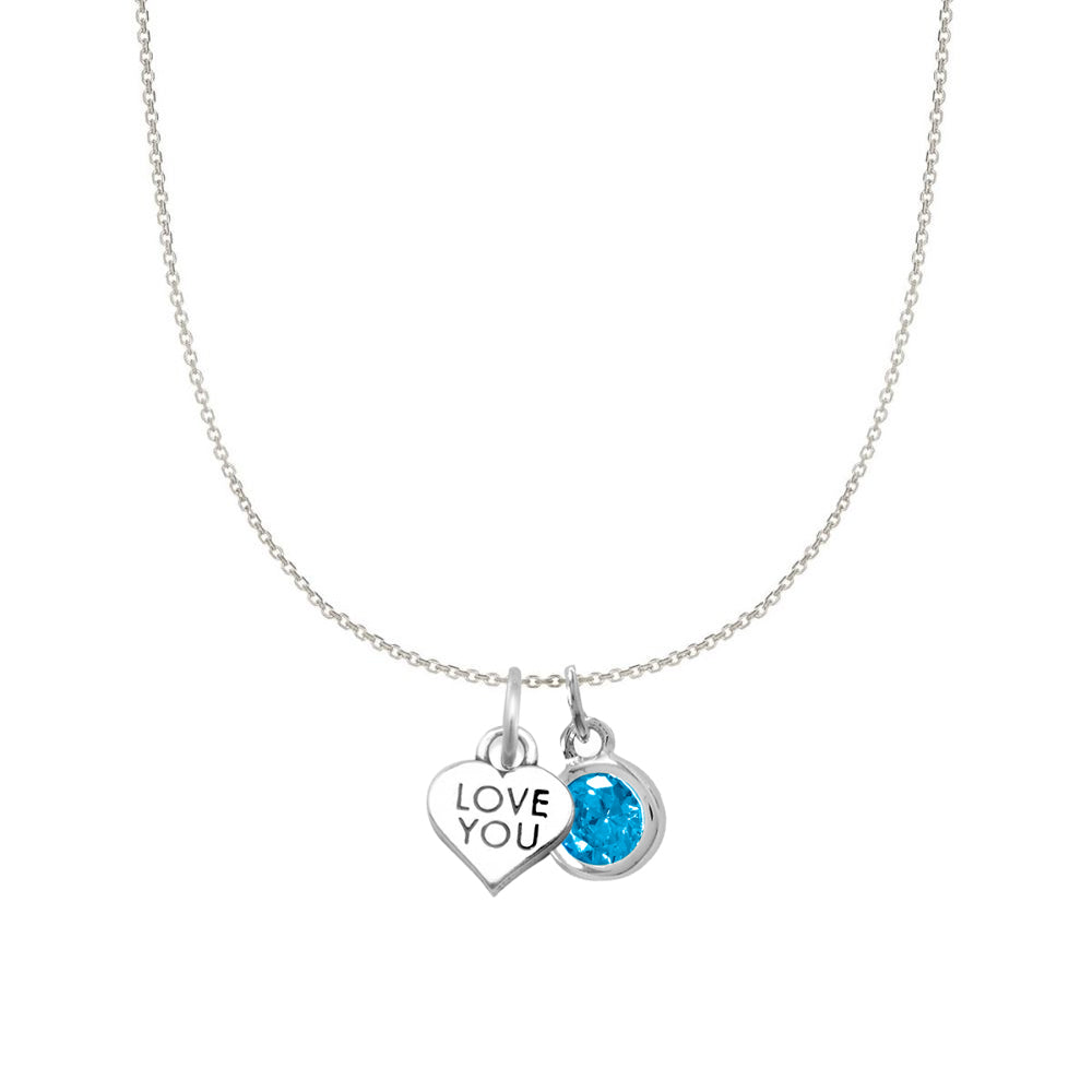 Sterling Silver 'Love You' and Birthstone Charm Necklace