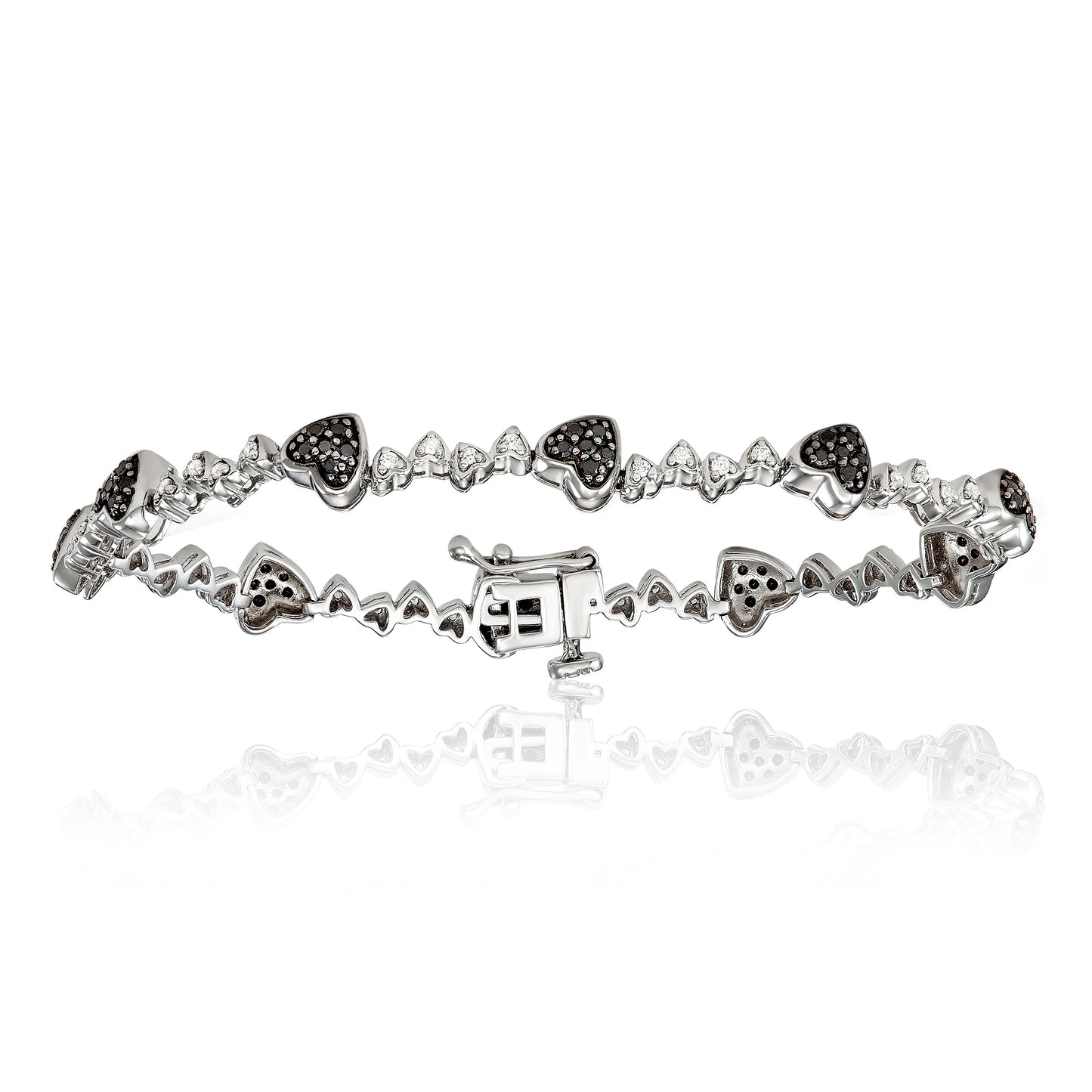 Sterling Silver 1.00ct TDW Black and White Diamond 7 Inch Heart Link Bracelet