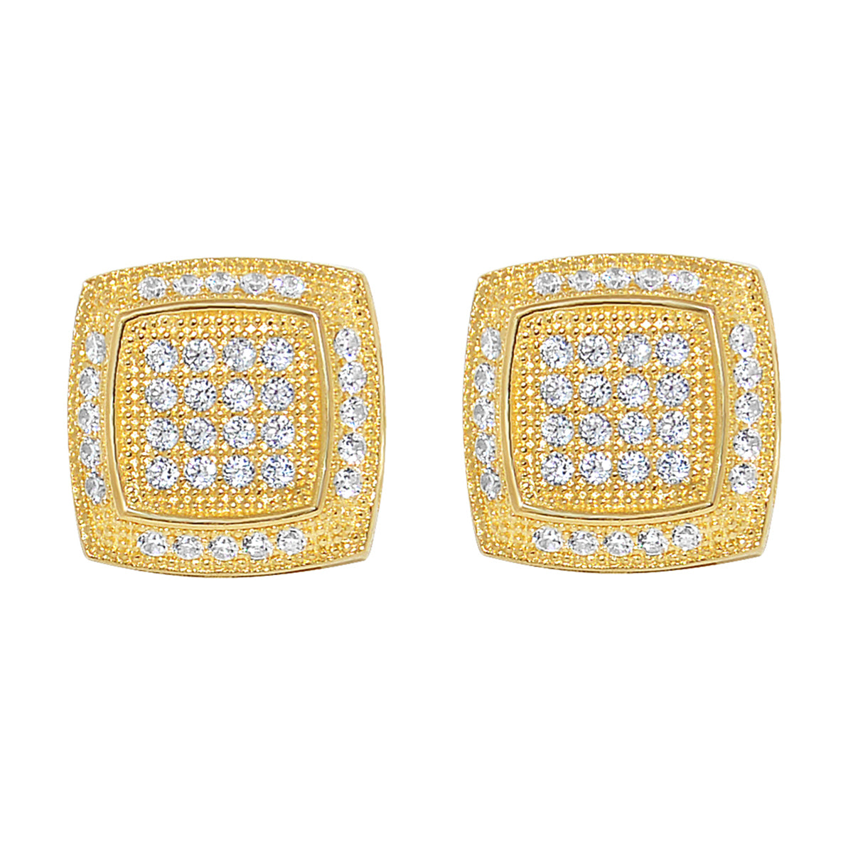 14k Yellow Gold 10mm Pave'-set Cubic Zirconia Square Stud Earrings